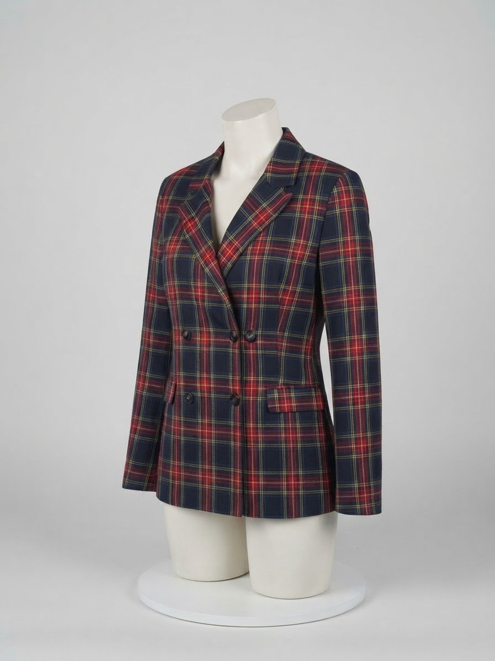 Allegra K Navy & Red Tartan Double-Breasted Blazer